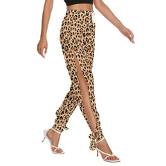 Skull Leopard Seamless All-Over Print Women's Side Cutout Pants, Trouser With Bottom Strap - Wonder Skull