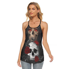 Gothic Girl Skull Rose Criss-Cross Open Back Tank Top, Coolest T-Shirt For Women - Wonder Skull