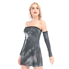 Raven Artwork Off-shoulder Back Lace-up Dress - Wonder Skull