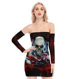 Skull Smoke Red Blue Off-shoulder Back Lace-up Dress - Wonder Skull