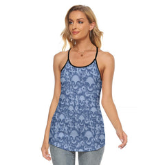 Blue Skull Camo Pattern Criss-Cross Open Back Tank Top, Trending T-Shirt For Women - Wonder Skull