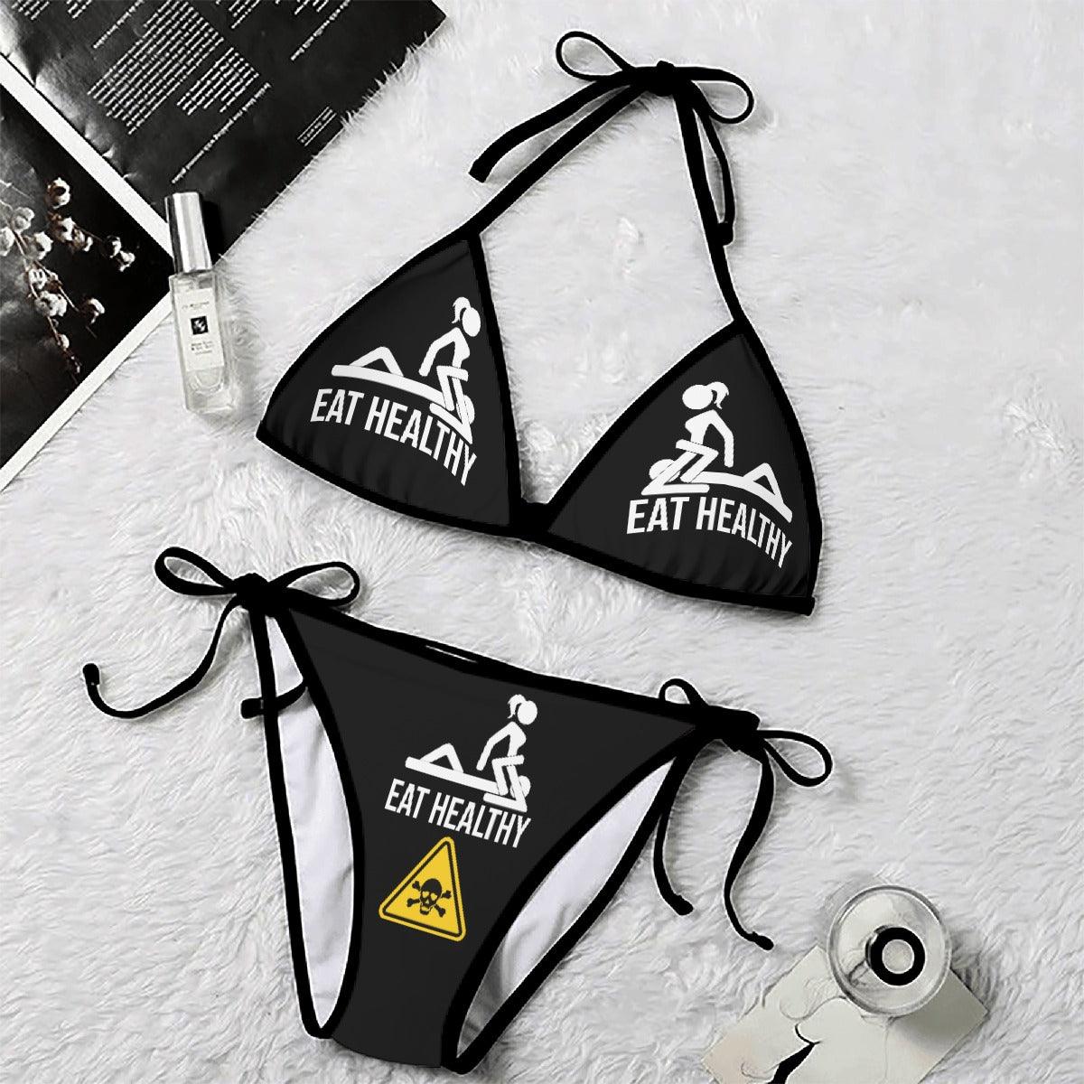 Funny Skull Sign Eat Healthy Micro Triangle Bikini Swimsuit