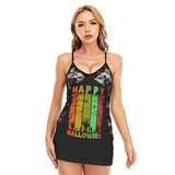 Happy Halloween All-Over Print Women Black Lace Cami Dress, Hot Nightwear For Women - Wonder Skull
