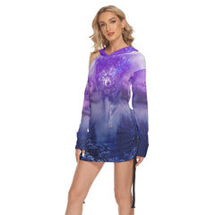 Wolf Mountain Artwork All Over Print Women One Shoulder Dress With Waist Shirring, Long Hoodie For Women - Wonder Skull