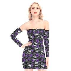 Lavender Rose Skull Off-shoulder Back Lace-up Dress - Wonder Skull