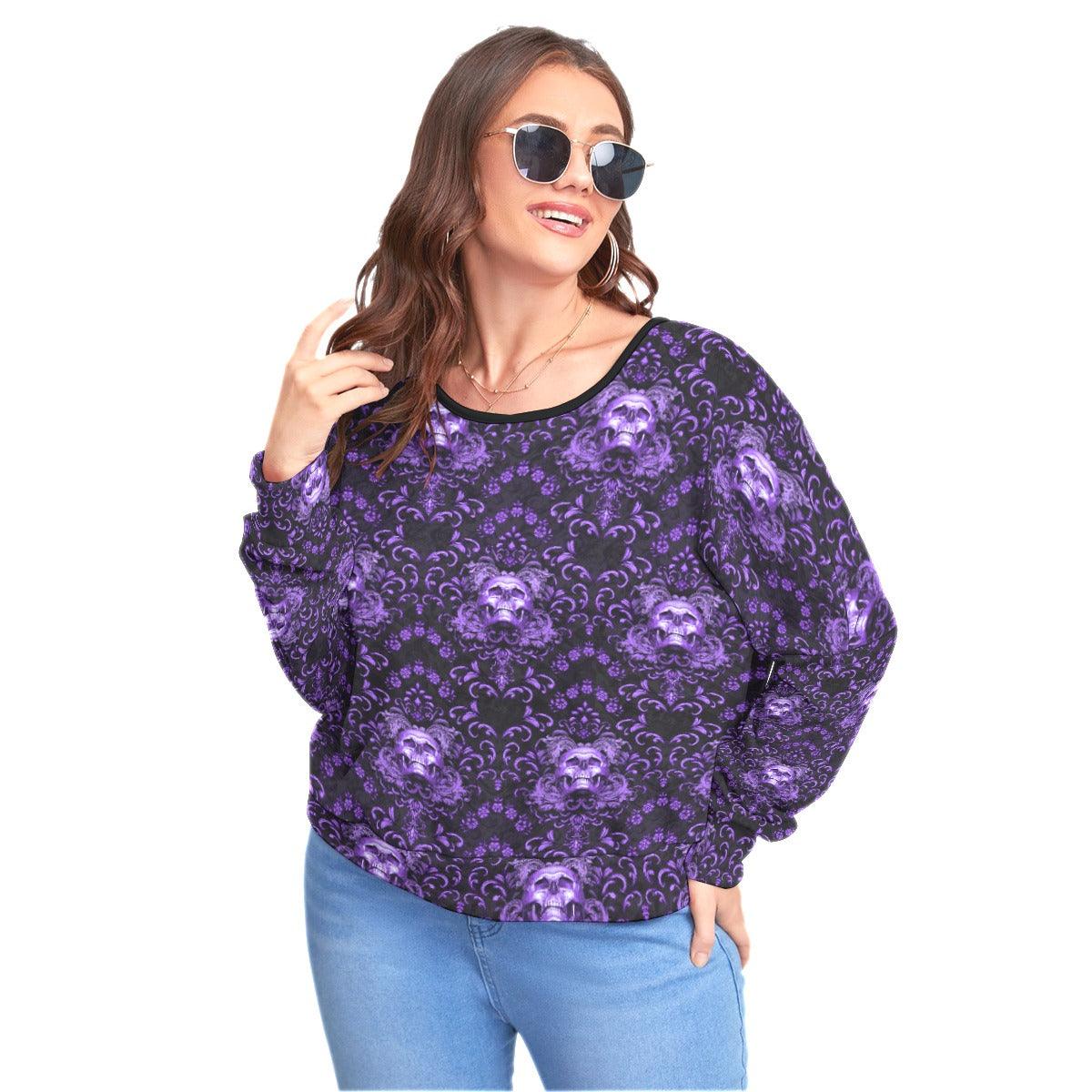 Purple Skull Flower Backless Sweatshirt With Bat Sleeve - Wonder Skull
