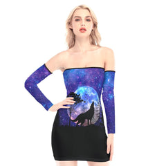 Galaxy Wolf Off-shoulder Back Lace-up Dress - Wonder Skull