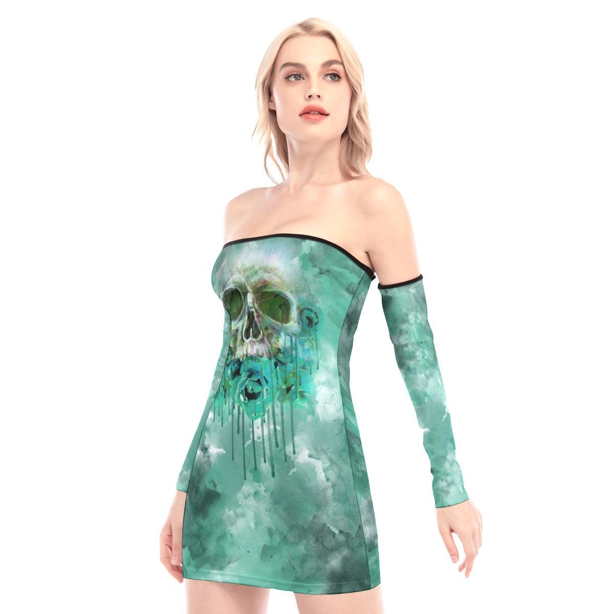 Green Melting Skull Off-shoulder Back Lace-up Dress - Wonder Skull