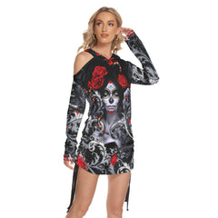 Skull Gothic Girl Rose All Over Print Women One Shoulder Dress With Waist Shirring, Hot Long Hoodie For Women - Wonder Skull