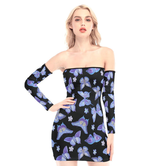 Butterfly Pattern Off-shoulder Back Lace-up Dress - Wonder Skull