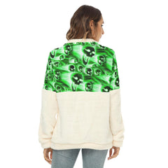 Green Skull Fire Borg Fleece Sweatshirt With Half Zip - Wonder Skull