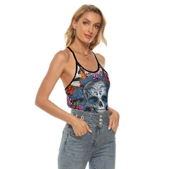 Sugar Skull Rose 3D Criss-Cross Open Back Tank Top, Coolest T-Shirt For Women - Wonder Skull