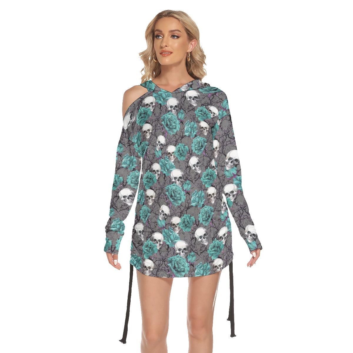 Saphire Gothic Skull Roses One Shoulder Dress - Wonder Skull