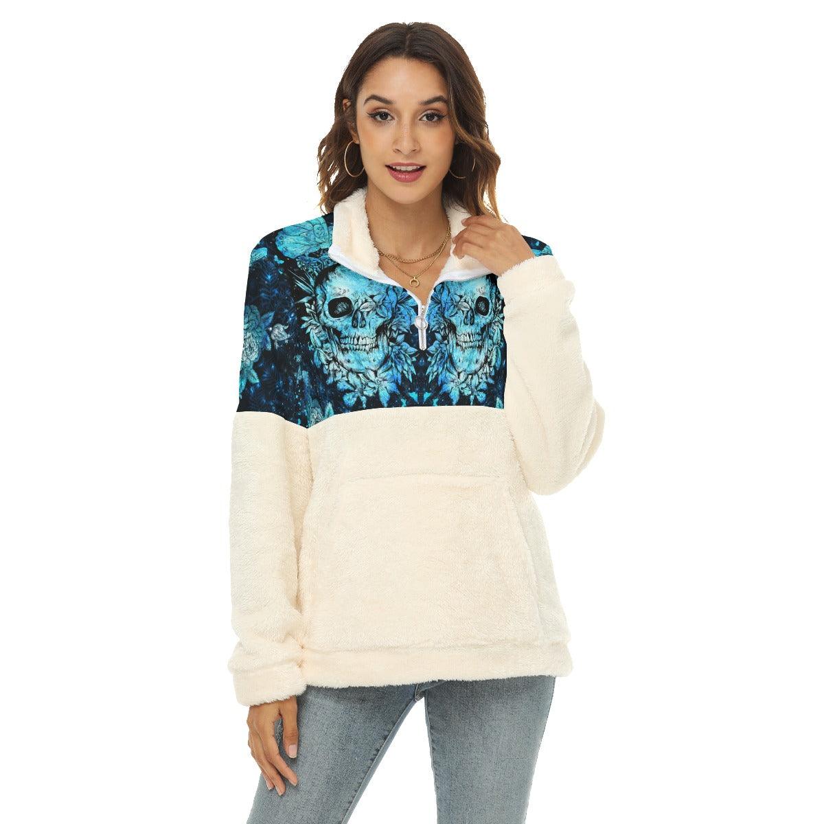 Frozen Iced Skull Flower Fleece Sweatshirt With Half Zip - Wonder Skull
