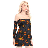 Halloween Pumpkin Off-shoulder Back Lace-up Dress - Wonder Skull