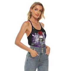 Bloody Moon Skull Rose Criss-Cross Open Back Tank Top, Trending T-Shirt For Women - Wonder Skull