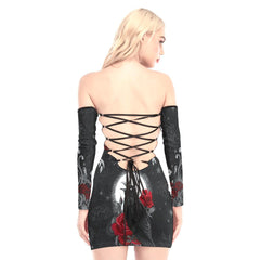 Raven Rose Ornament Off-shoulder Back Lace-up Dress - Wonder Skull