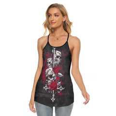 Cross Skull Gothic Rose Criss-Cross Open Back Tank Top, Coolest T-Shirt For Women - Wonder Skull