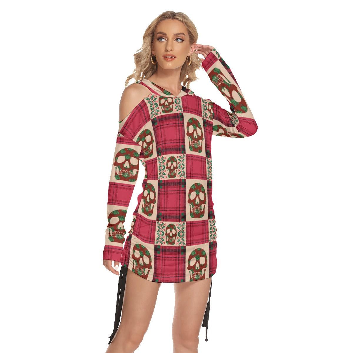 Christmas Red Skull Checked Pattern Print Open Shoulder Dress - Wonder Skull