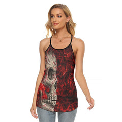 Red Roman Skull Criss-Cross Open Back Tank Top, Coolest T-Shirt For Women - Wonder Skull