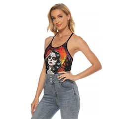 Halloween Girl Pumpkin Criss-Cross Open Back Tank Top, Hot T-Shirt For Women - Wonder Skull