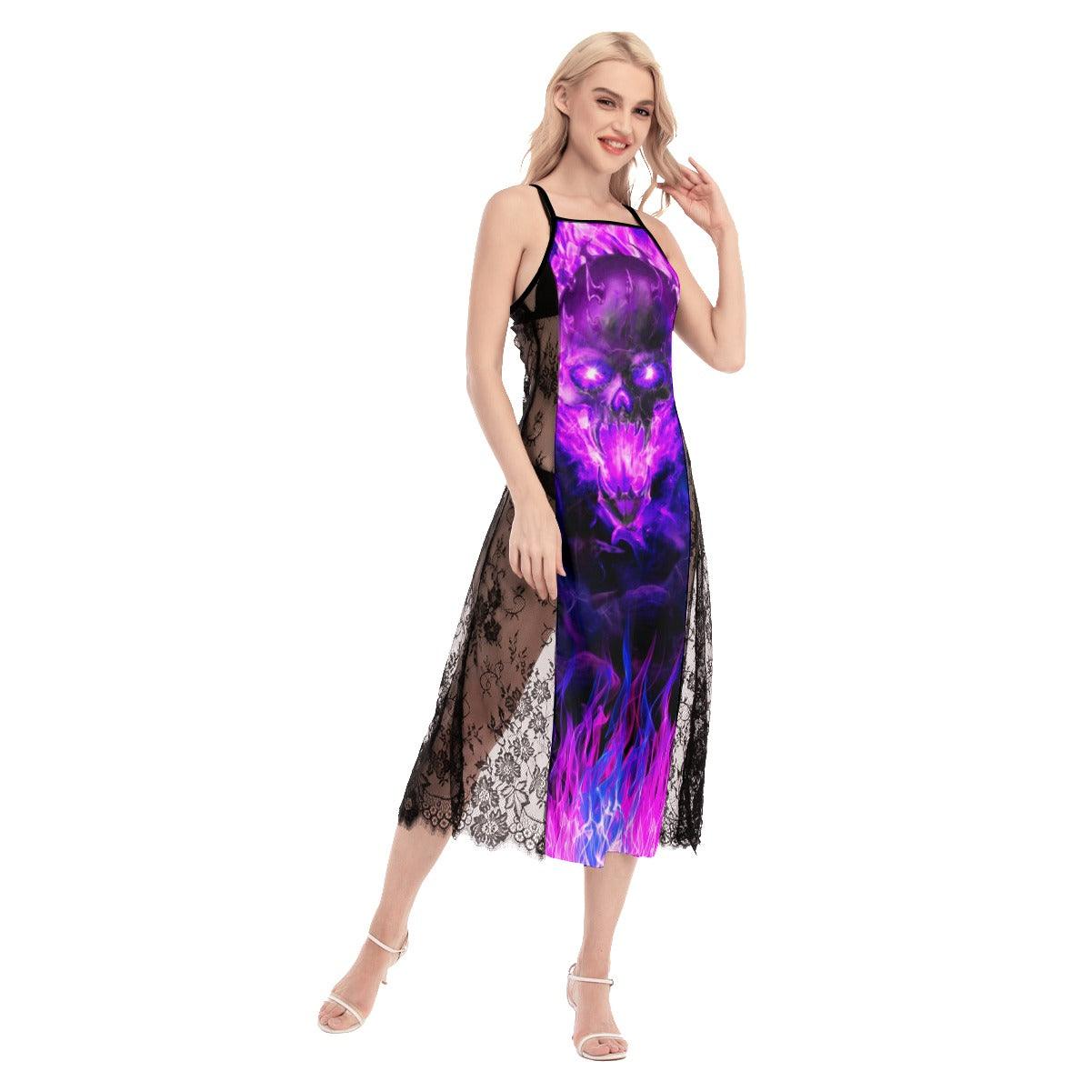 Hot Pink Gothic Skull Fire Lace Cami Cross Back Women Dress - Wonder Skull