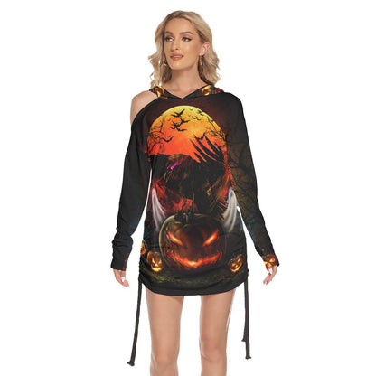 Halloween Raven Pumpkin All Over Print Women One Shoulder Dress With Waist Shirring, Long Hoodie For Women - Wonder Skull