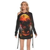 Halloween Raven Pumpkin All Over Print Women One Shoulder Dress With Waist Shirring, Long Hoodie For Women - Wonder Skull