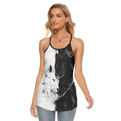 Black & White Wolf Criss-Cross Open Back Tank Top, Hot T-Shirt For Women - Wonder Skull