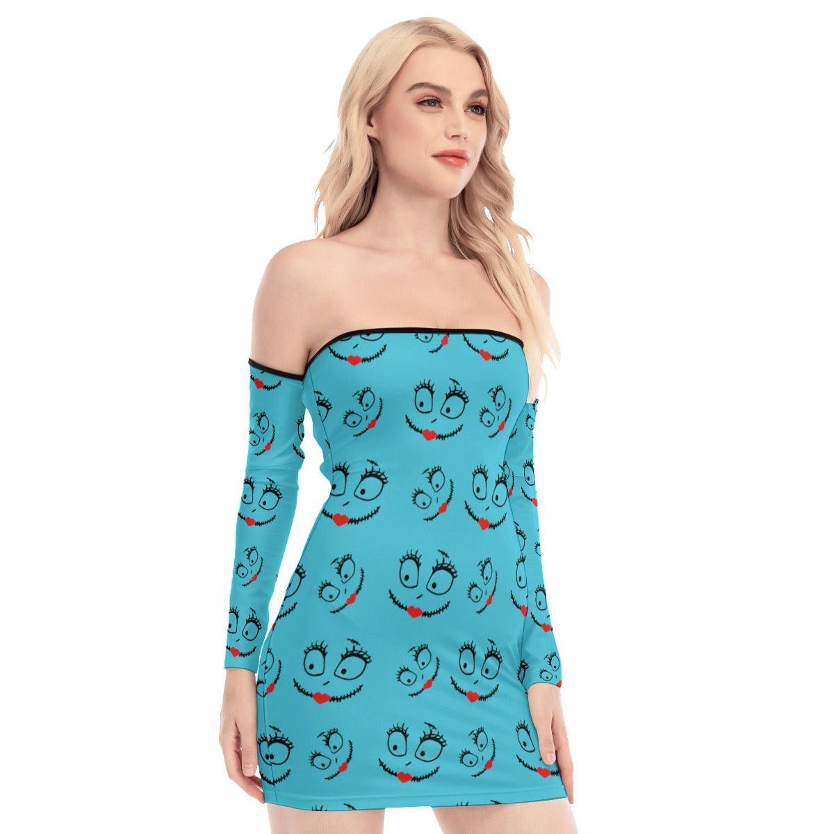 Nightmare Pattern Blue Off-shoulder Back Lace-up Dress - Wonder Skull