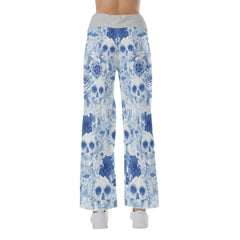 Nightmare Skull Flower Blue Half High-waisted Wide Leg Pants - Wonder Skull