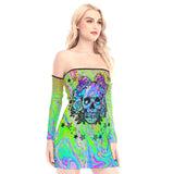 Green Holography Skull Off-shoulder Back Lace-up Dress - Wonder Skull