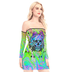 Green Holography Skull Off-shoulder Back Lace-up Dress - Wonder Skull