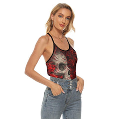 Red Roman Skull Criss-Cross Open Back Tank Top, Coolest T-Shirt For Women - Wonder Skull