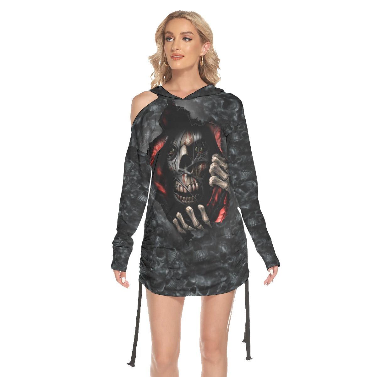 Skull Hand Scary All Over Print Women One Shoulder Dress With Waist Shirring, Hot Long Hoodie For Women - Wonder Skull