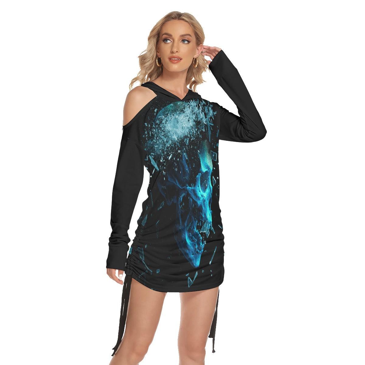Skull Gothic Miror Broken All-Over Print Women One Shoulder Dress With Waist Shirring, Hot Long Hood - Wonder Skull