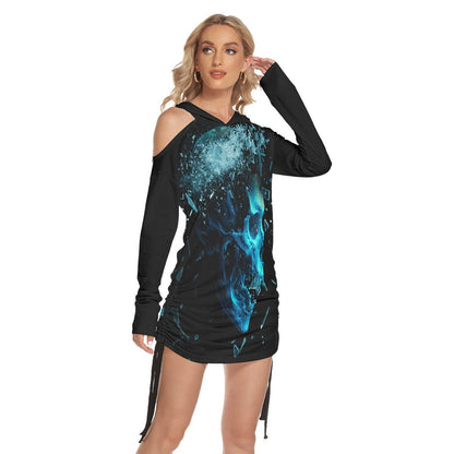 Skull Gothic Miror Broken All-Over Print Women One Shoulder Dress With Waist Shirring, Hot Long Hood - Wonder Skull