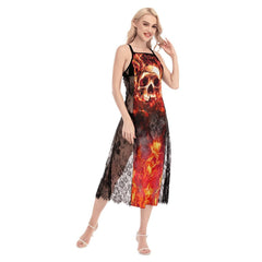 Hot Fire Skull Pattern Lace Cami Cross Back Women Dress - Wonder Skull