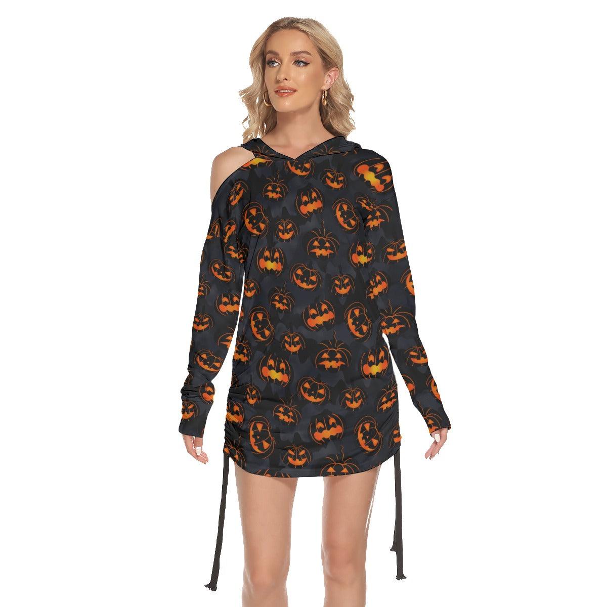 Halloween Pumpkin Smile All Over Print Women One Shoulder Dress With Waist Shirring, Long Hoodie For Women - Wonder Skull
