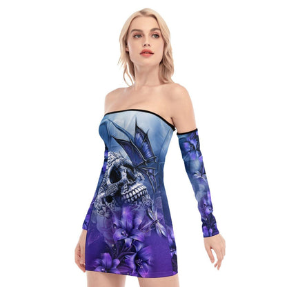 Skull Sugar Butterfly Purple Off-shoulder Back Lace-up Dress - Wonder Skull