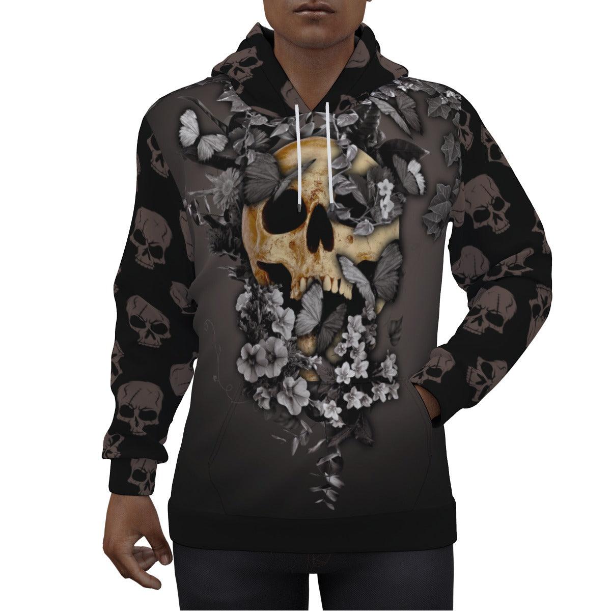 Black Butterfly Skull Print Unisex Pullover Hoodie-Wonder Skull