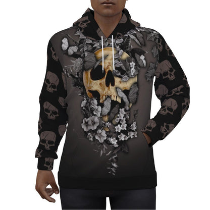 Black Butterfly Skull Print Unisex Pullover Hoodie-Wonder Skull