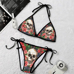 Red Rose Skull Gothic Micro Triangle Bikini Swimsuit - Wonder Skull