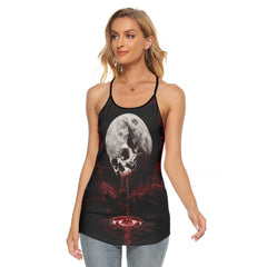 Bloody Moon Skull Criss-Cross Open Back Tank Top, Coolest T-Shirt For Women - Wonder Skull