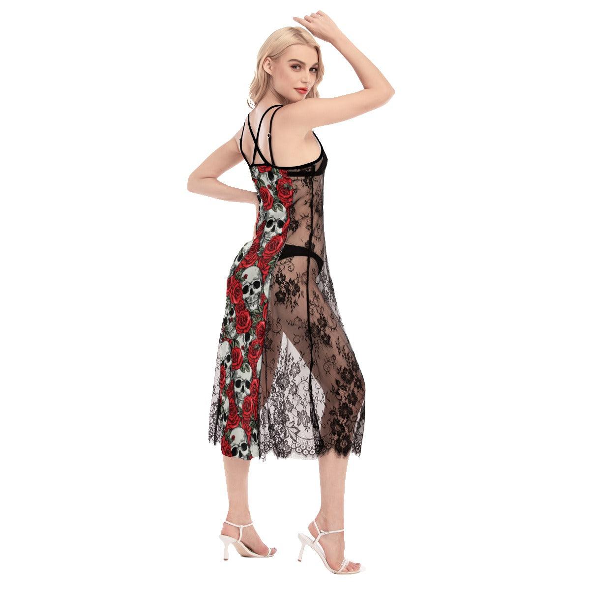 Hot Gothic Skull Rose Pattern Lace Cami Cross Back Women Dress - Wonder Skull