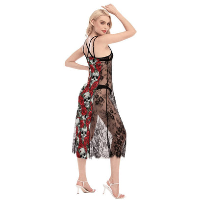 Hot Gothic Skull Rose Pattern Lace Cami Cross Back Women Dress - Wonder Skull