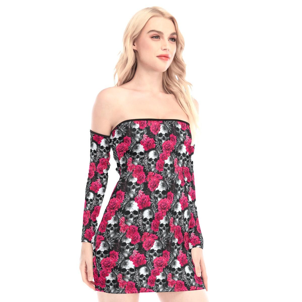 Skulls Spiderwebs Roses Off-shoulder Back Lace-up Dress - Wonder SKull