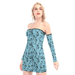 Pastel Blue Skull Off-shoulder Back Lace-up Dress - Wonder Skull