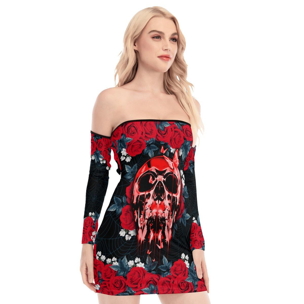 Skull Rose Flower Gothic Off-shoulder Back Lace-up Dress - Wonder Skull