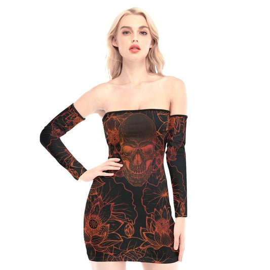 Brown Skull Lotus Off-shoulder Back Lace-up Dress - Wonder Skull